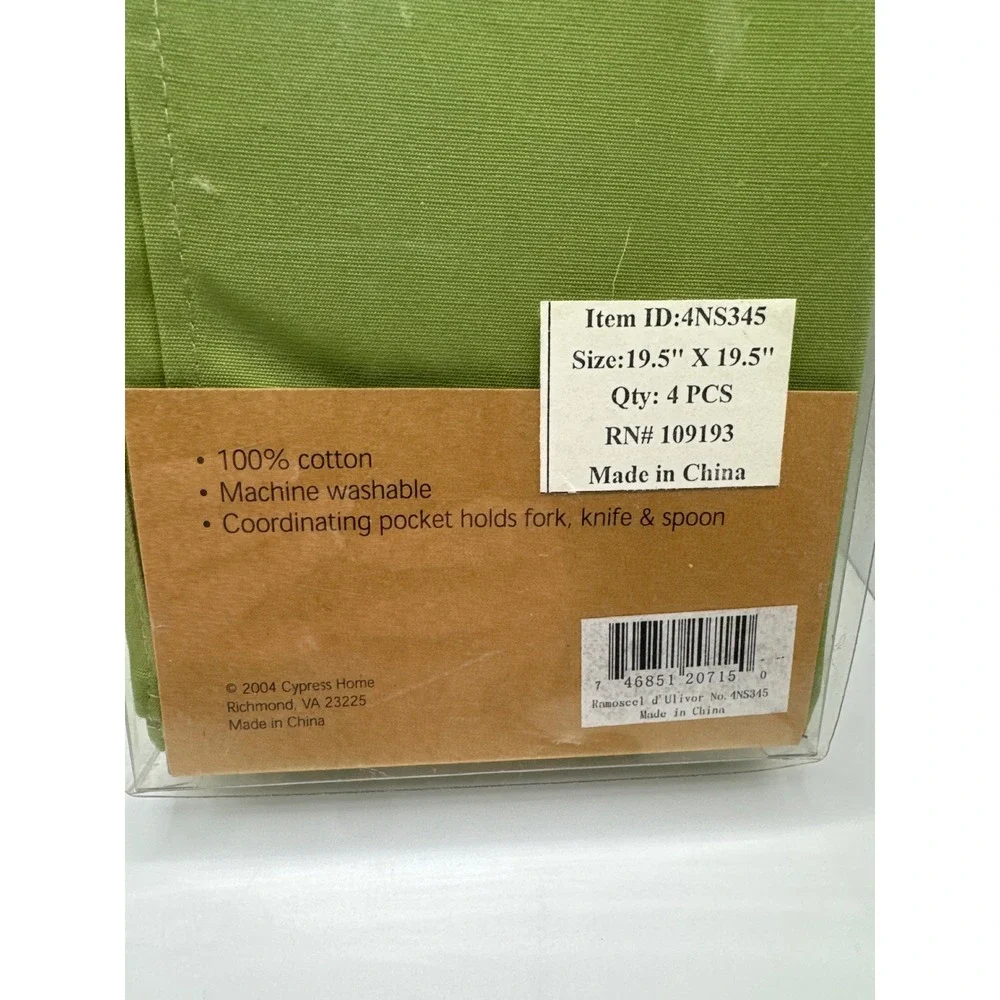 Cypress Home All-in-One 100% Cotton Napkin Set with Utensil Pocket Olive 4pc NEW